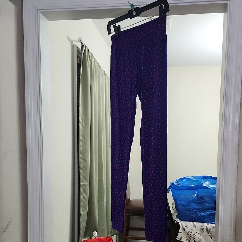LuLaRoe Blue Leggings with Red and Pink Dots